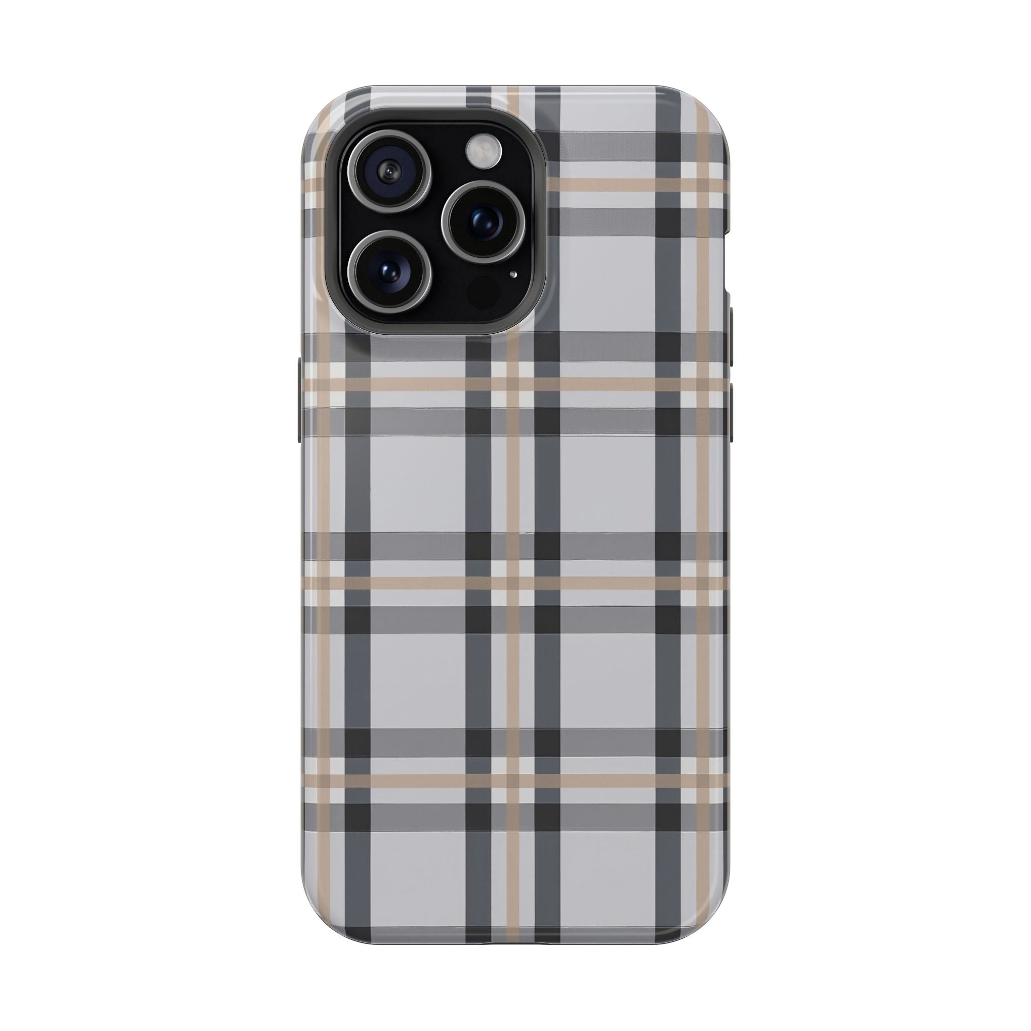 Plaid Magnetic Impact-Resistant Phone Case — Grey & Tan Classic Pattern
