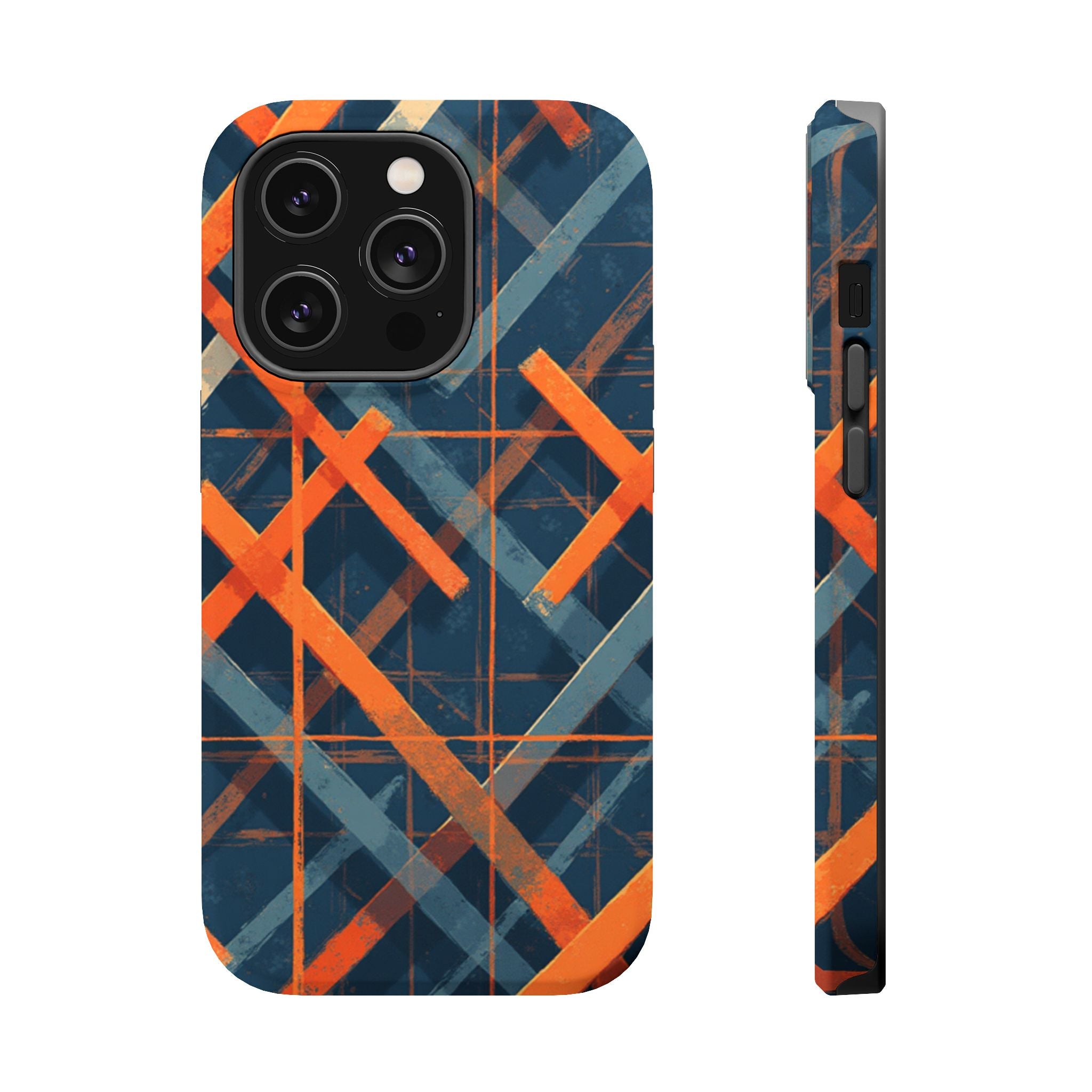 Magnetic Impact-Resistant Phone Case — Geometric Orange & Navy Plaid