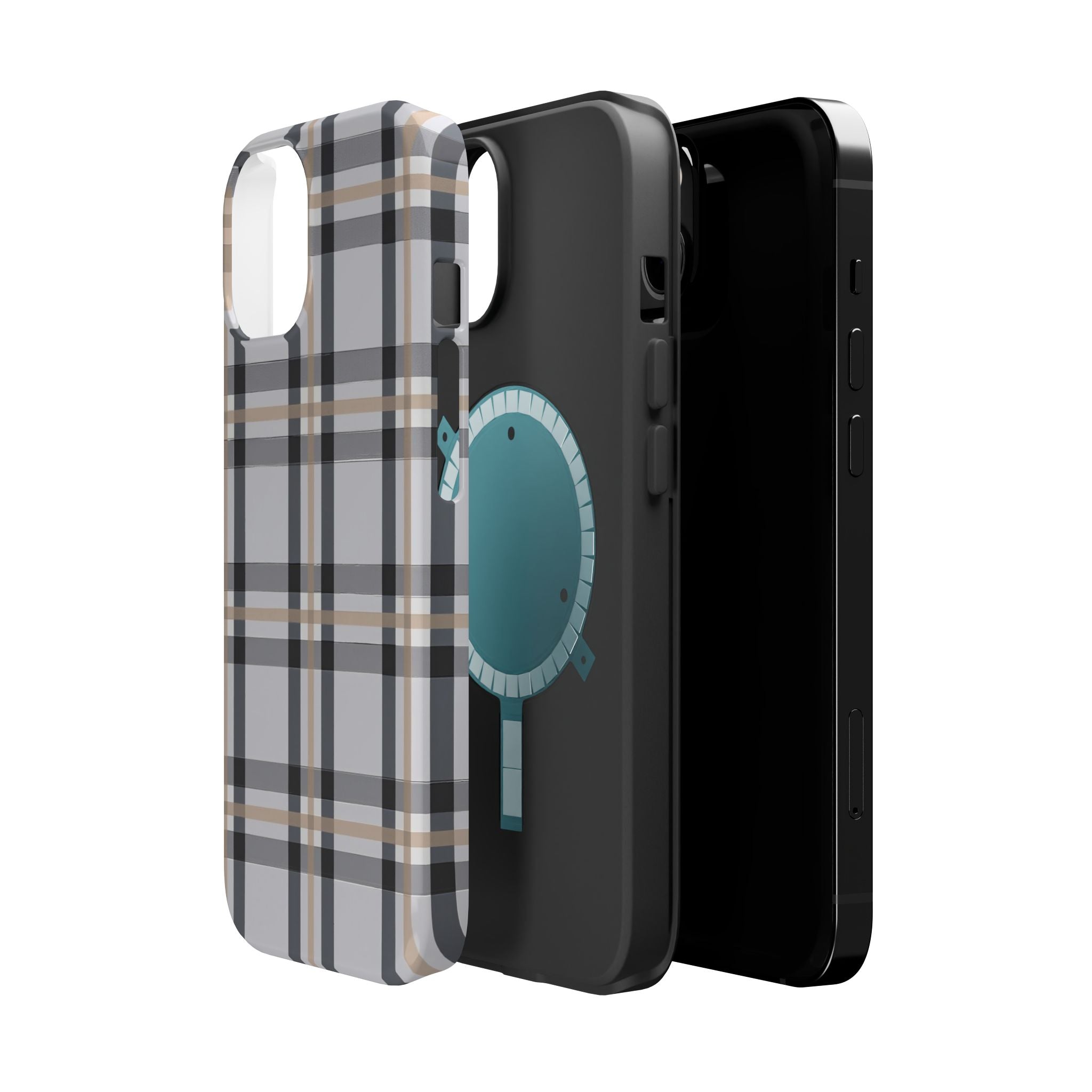 Plaid Magnetic Impact-Resistant Phone Case — Grey & Tan Classic Pattern