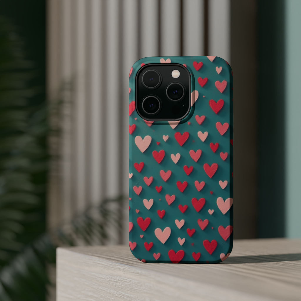 Magnetic Impact-Resistant Phone Case — Teal Love Hearts Pattern