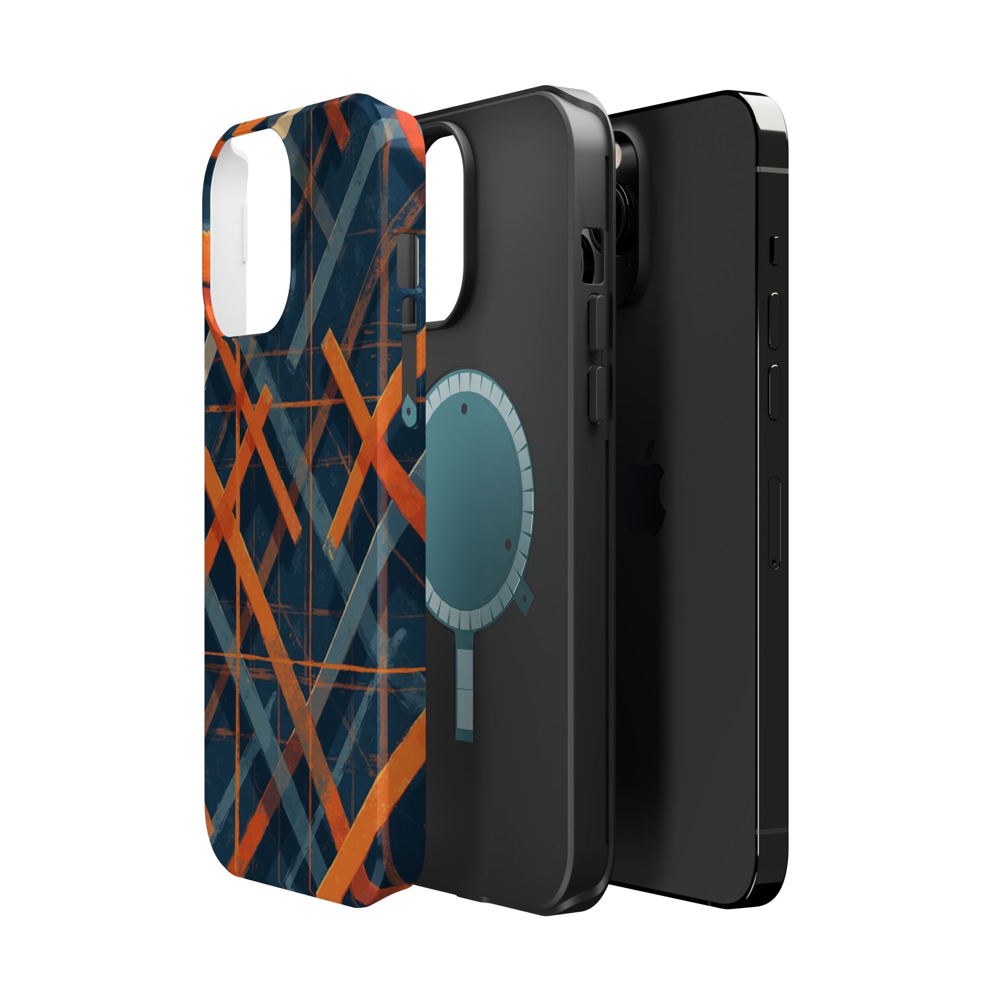Magnetic Impact-Resistant Phone Case — Geometric Orange & Navy Plaid