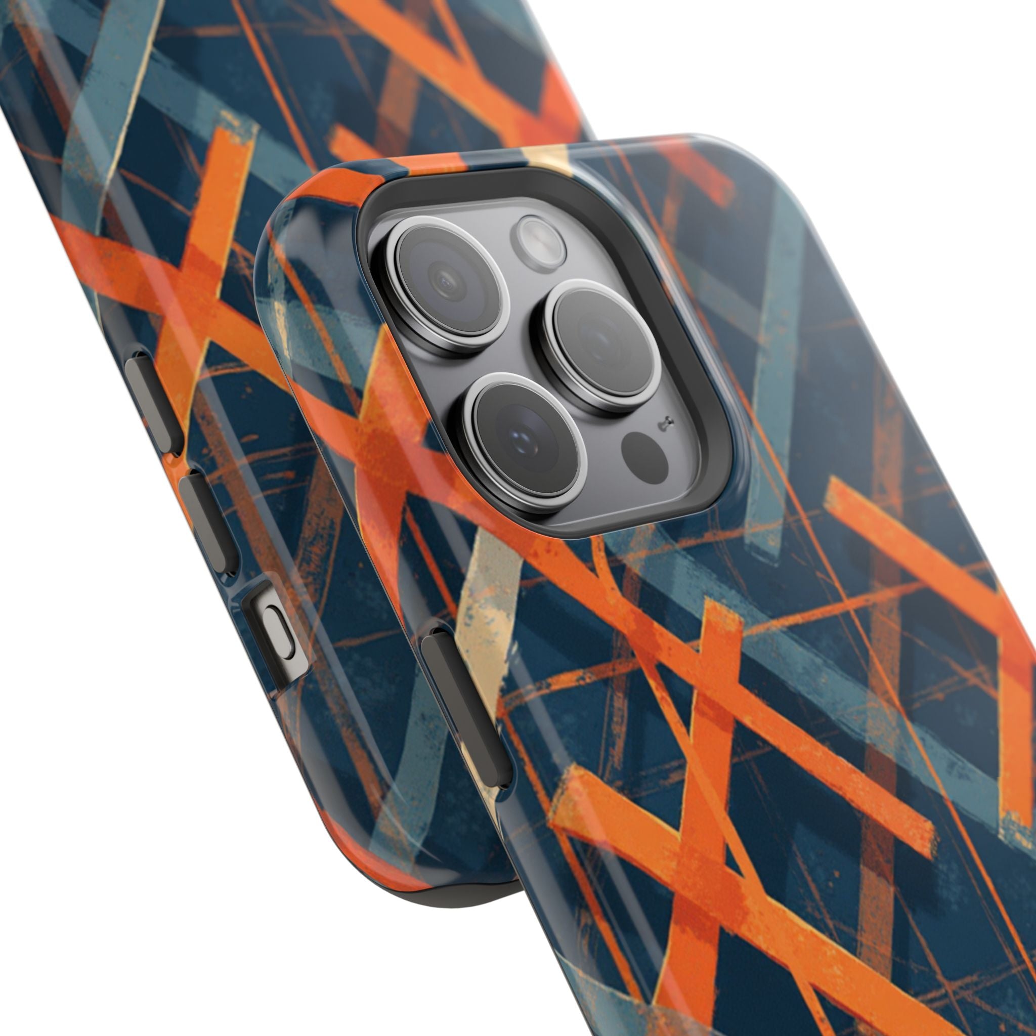 Magnetic Impact-Resistant Phone Case — Geometric Orange & Navy Plaid