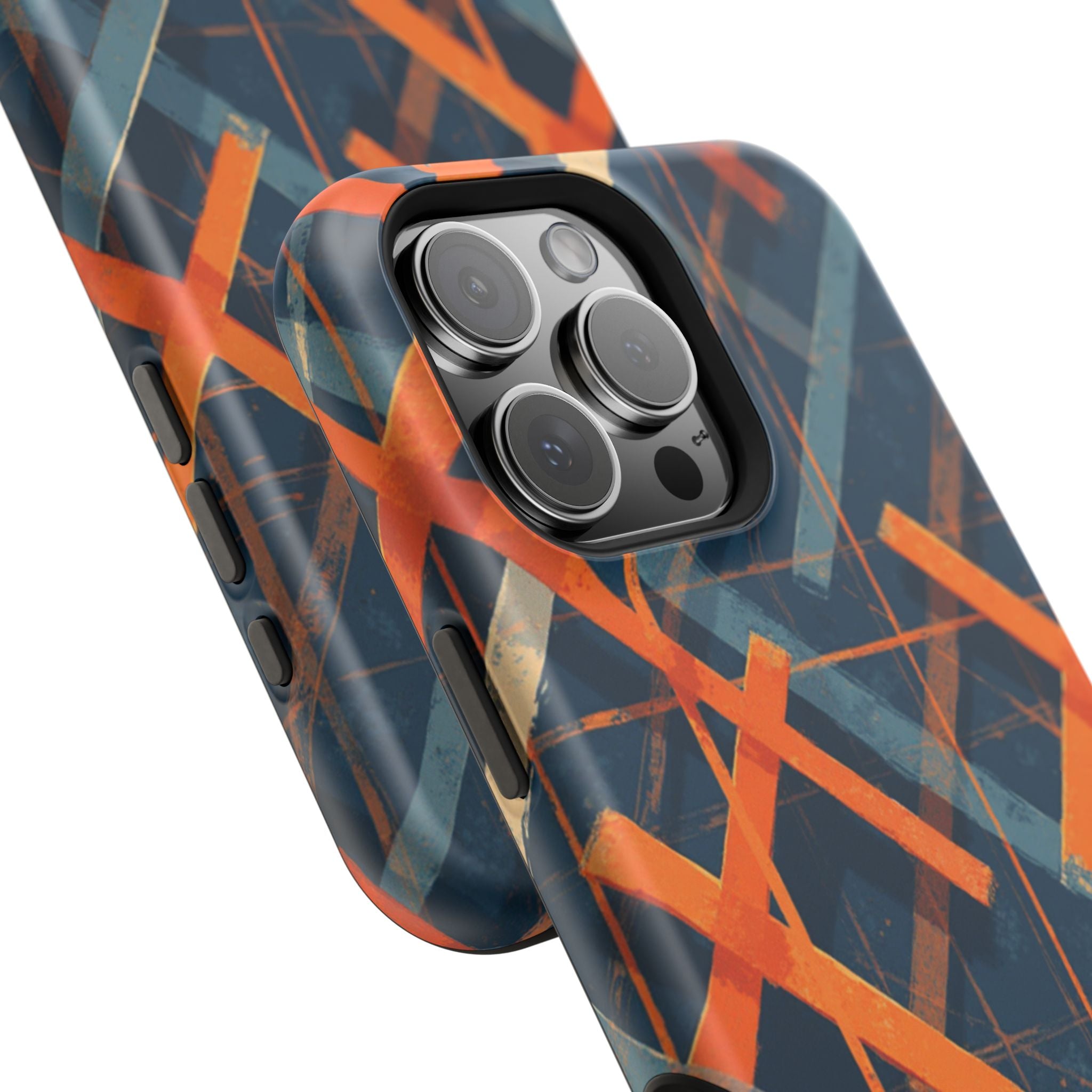 Magnetic Impact-Resistant Phone Case — Geometric Orange & Navy Plaid