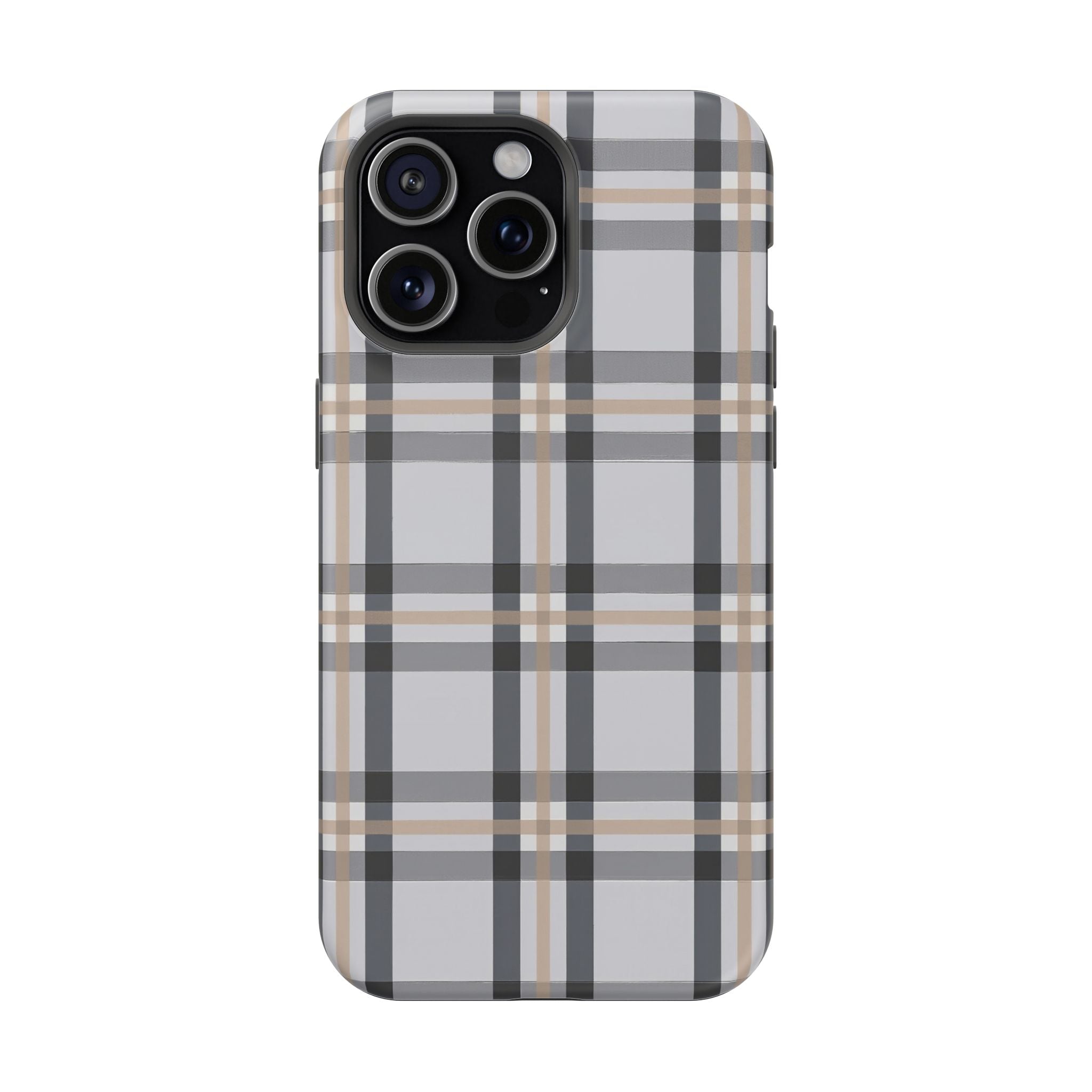 Plaid Magnetic Impact-Resistant Phone Case — Grey & Tan Classic Pattern