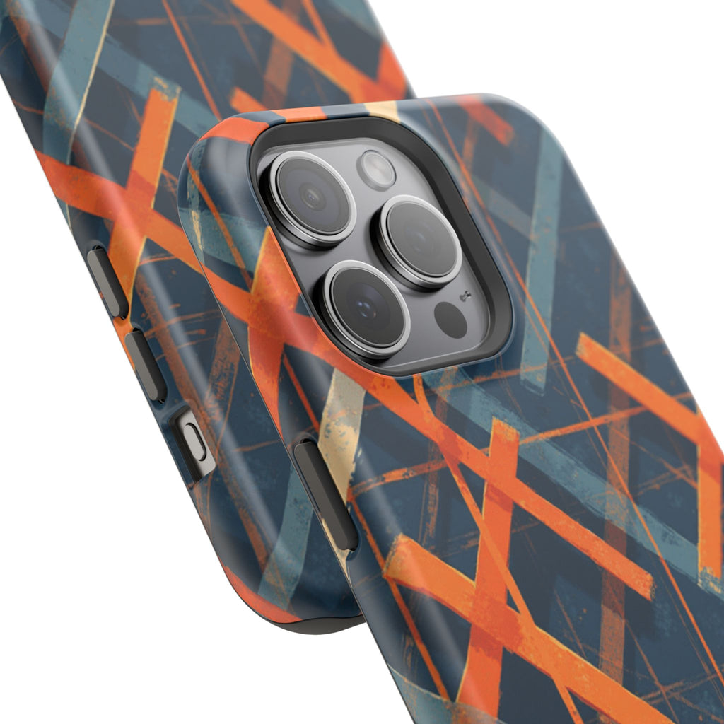 Magnetic Impact-Resistant Phone Case — Geometric Orange & Navy Plaid
