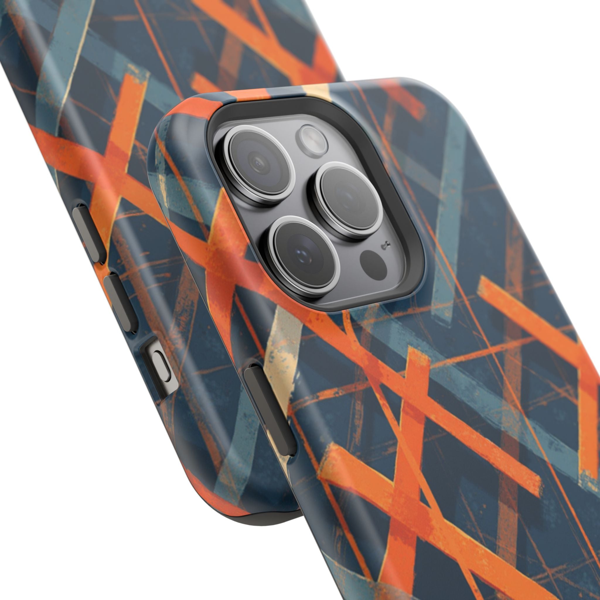 Magnetic Impact-Resistant Phone Case — Geometric Orange & Navy Plaid