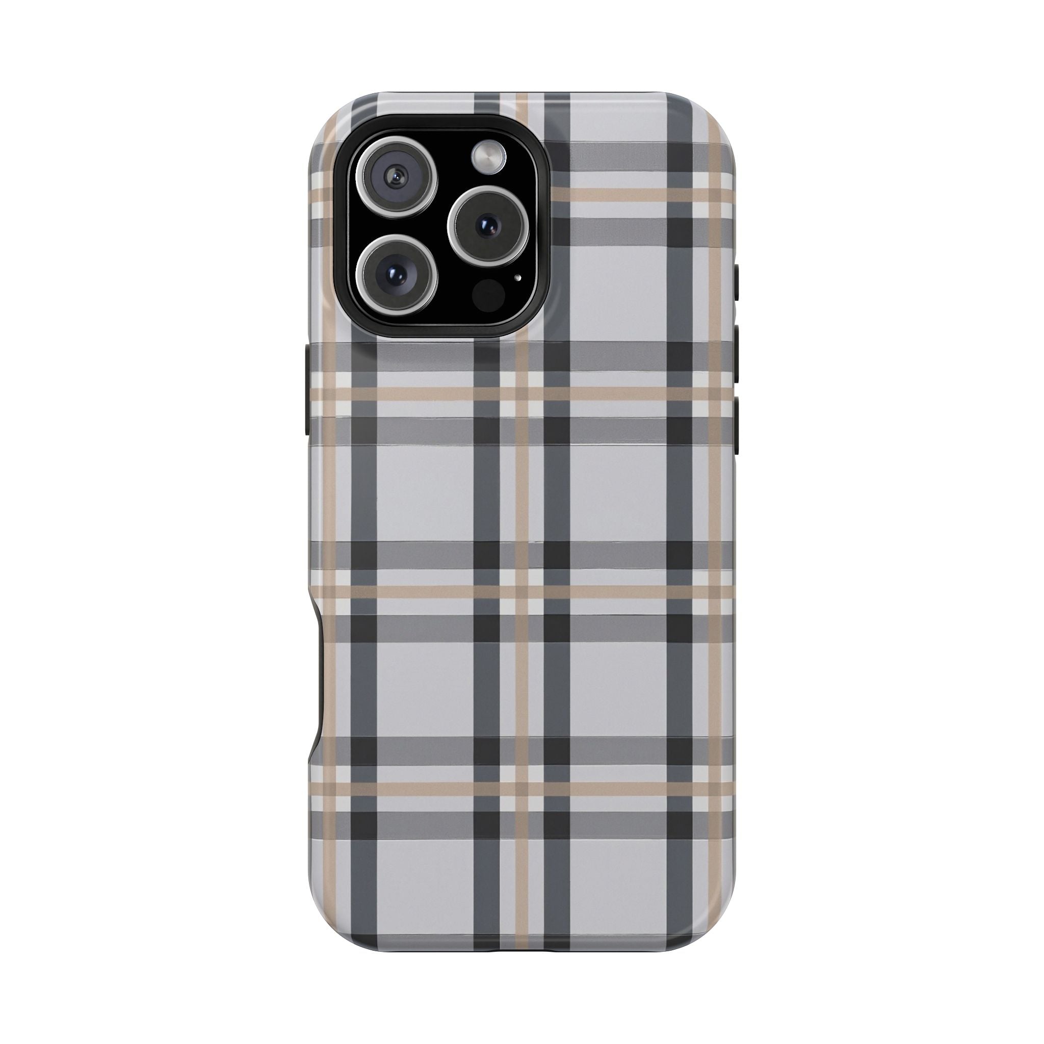 Plaid Magnetic Impact-Resistant Phone Case — Grey & Tan Classic Pattern
