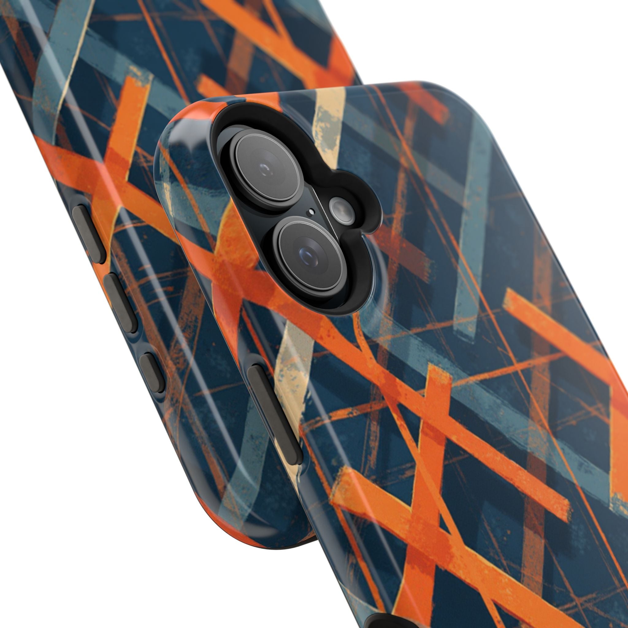 Magnetic Impact-Resistant Phone Case — Geometric Orange & Navy Plaid