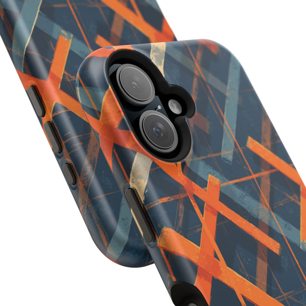 Magnetic Impact-Resistant Phone Case — Geometric Orange & Navy Plaid