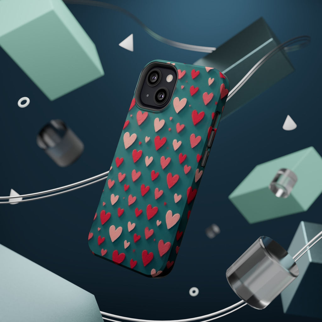 Magnetic Impact-Resistant Phone Case — Teal Love Hearts Pattern