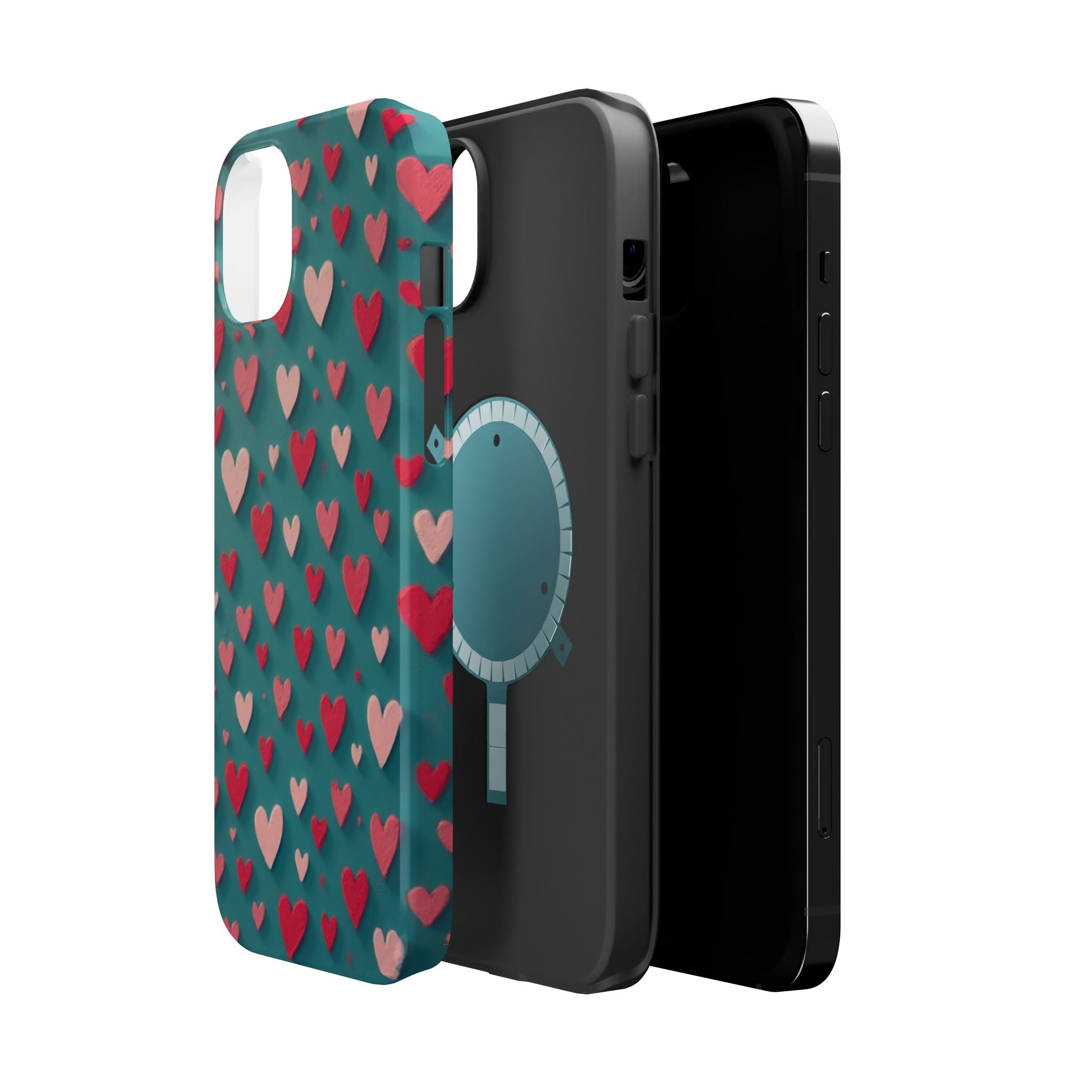 Magnetic Impact-Resistant Phone Case — Teal Love Hearts Pattern