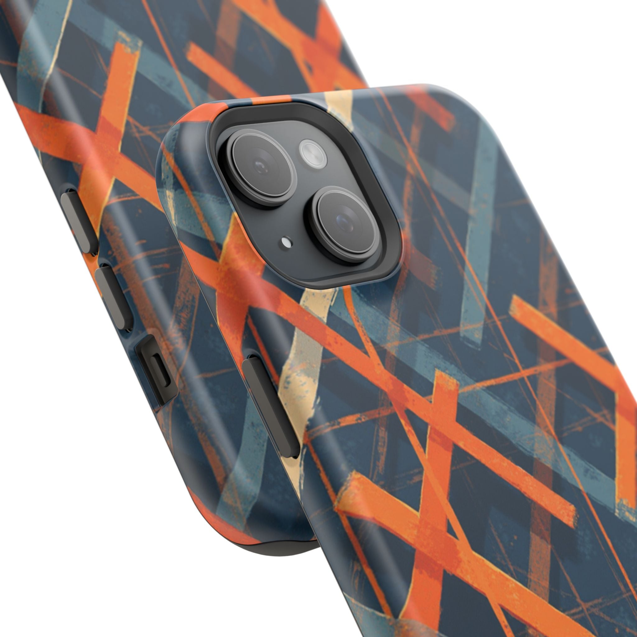 Magnetic Impact-Resistant Phone Case — Geometric Orange & Navy Plaid