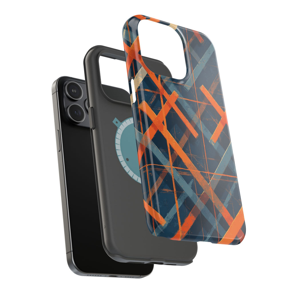 Magnetic Impact-Resistant Phone Case — Geometric Orange & Navy Plaid