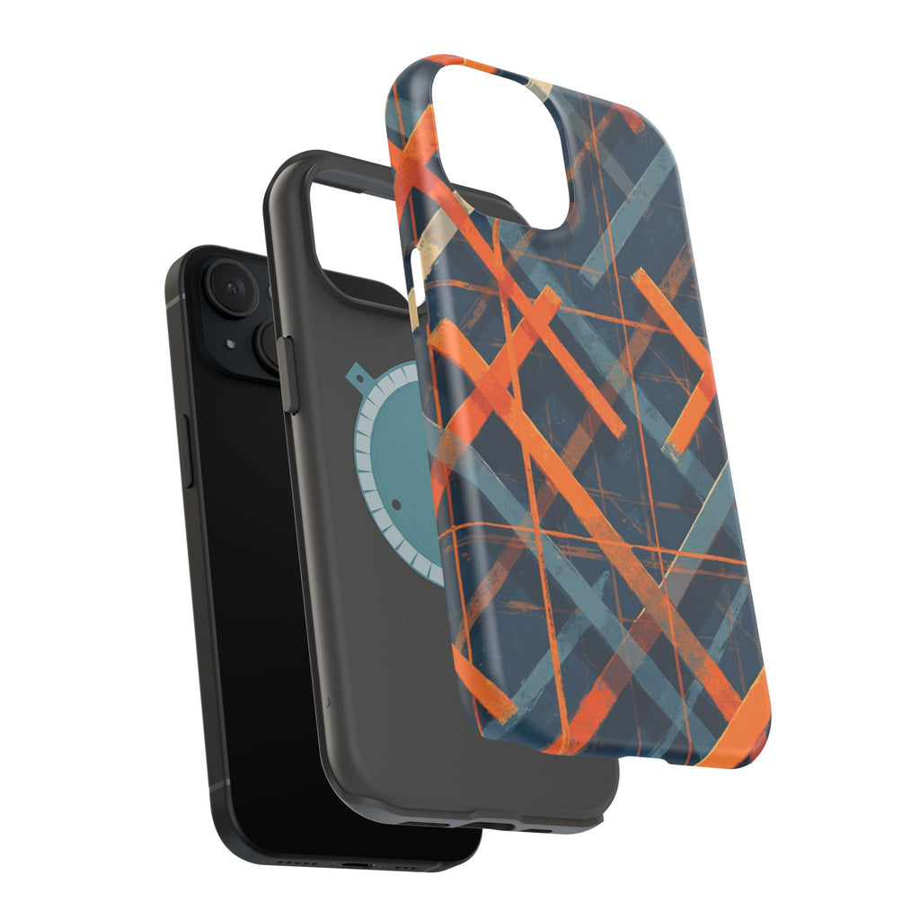 Magnetic Impact-Resistant Phone Case — Geometric Orange & Navy Plaid