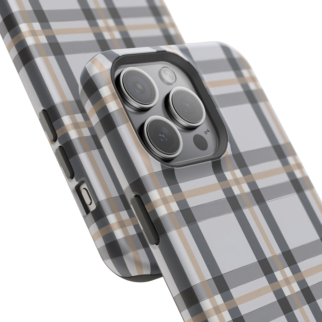 Plaid Magnetic Impact-Resistant Phone Case — Grey & Tan Classic Pattern
