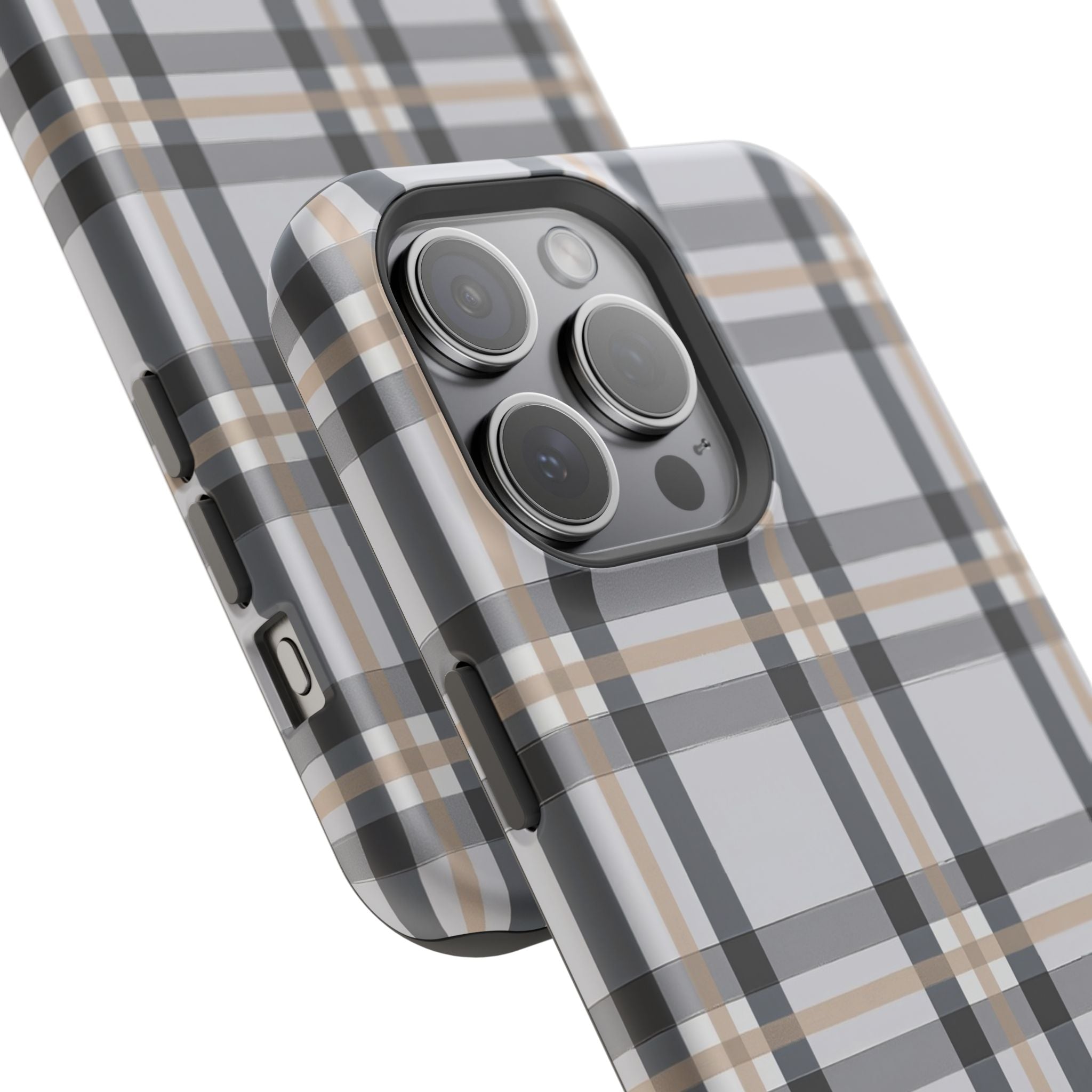 Plaid Magnetic Impact-Resistant Phone Case — Grey & Tan Classic Pattern
