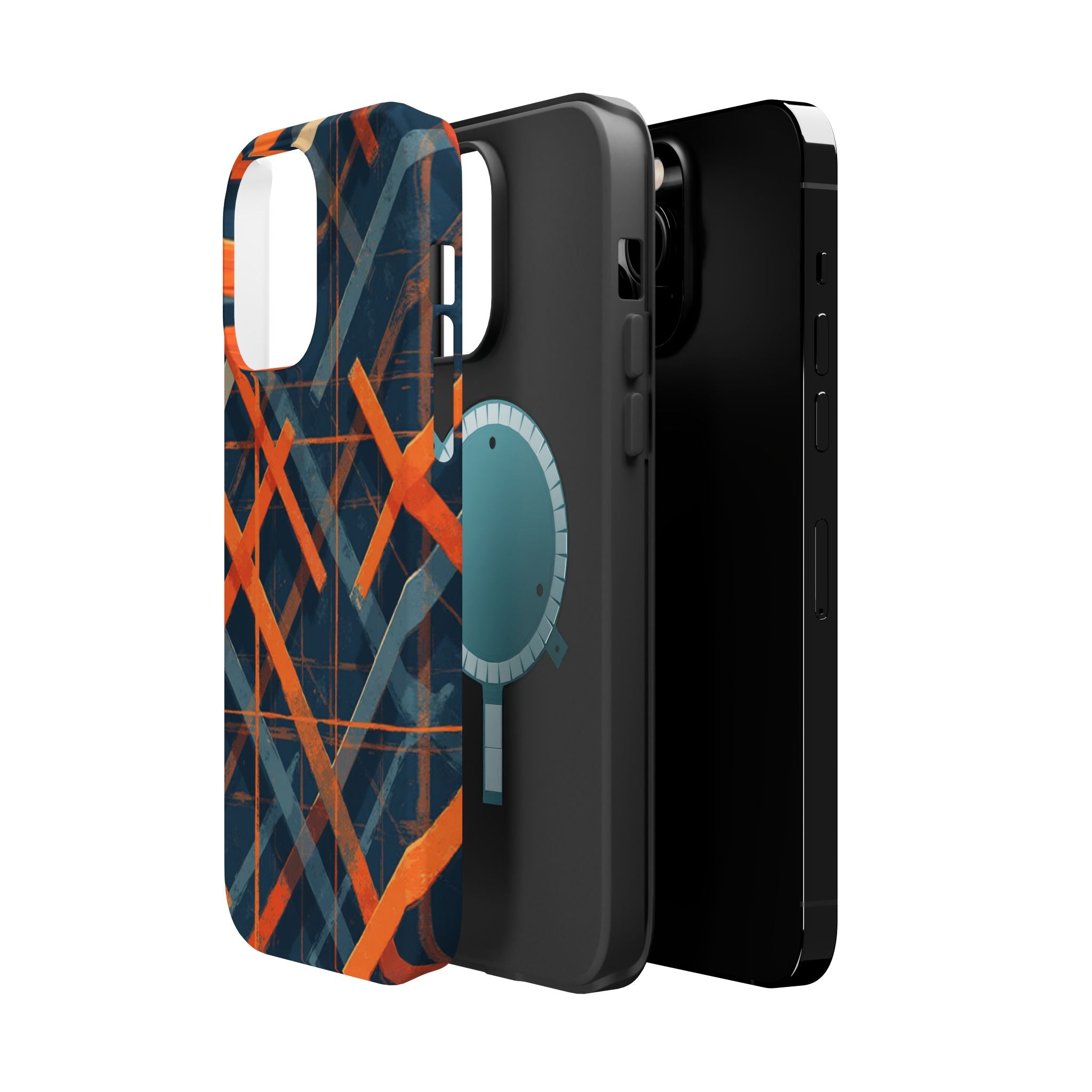 Magnetic Impact-Resistant Phone Case — Geometric Orange & Navy Plaid