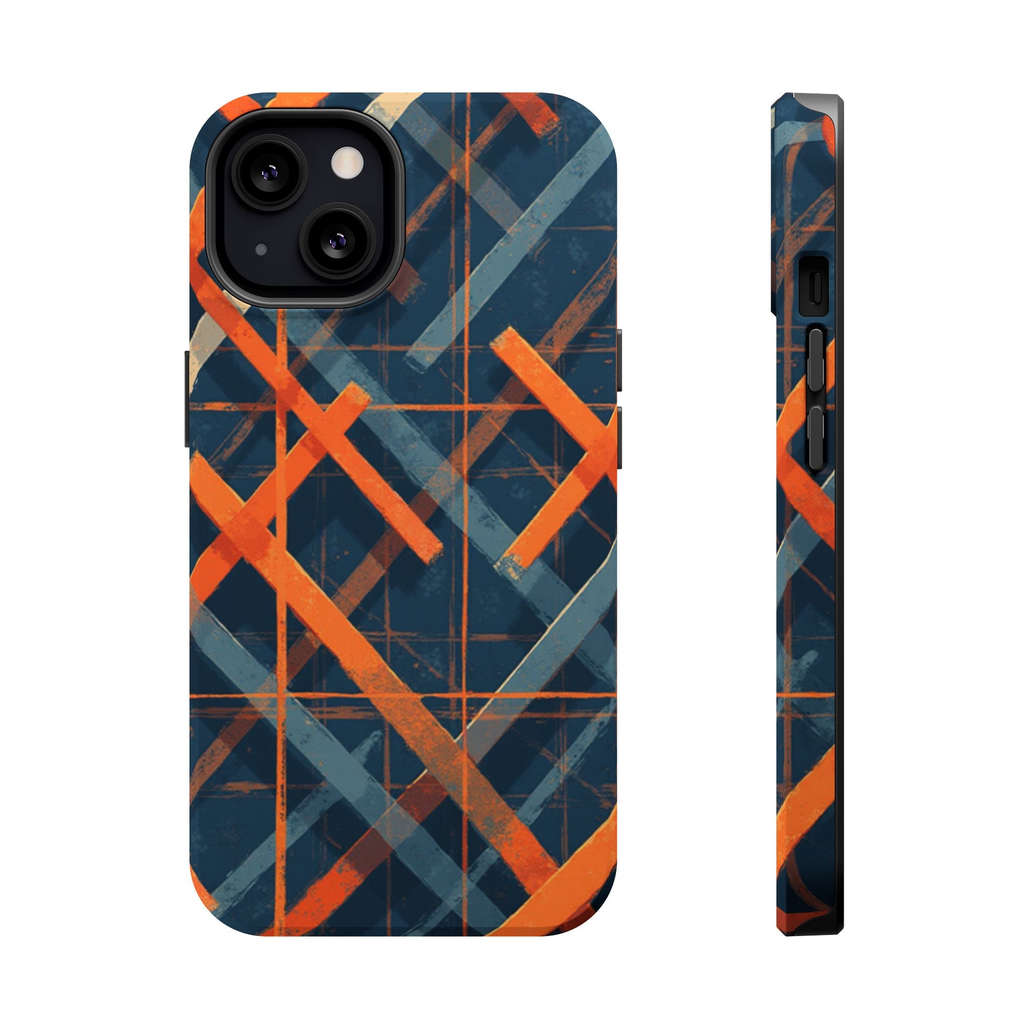Magnetic Impact-Resistant Phone Case — Geometric Orange & Navy Plaid