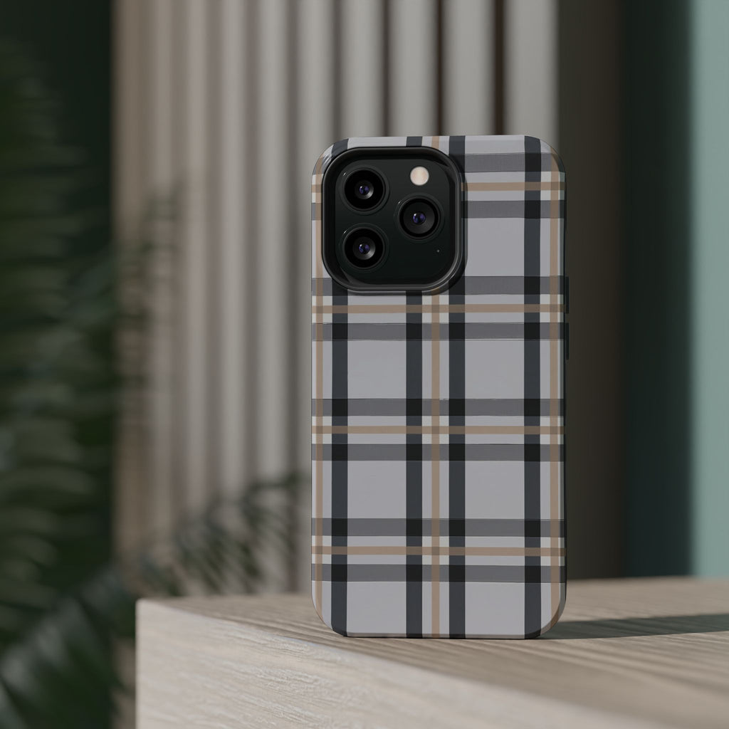 Plaid Magnetic Impact-Resistant Phone Case — Grey & Tan Classic Pattern