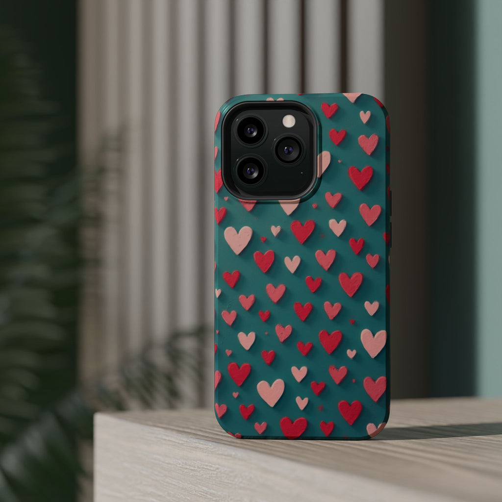 Magnetic Impact-Resistant Phone Case — Teal Love Hearts Pattern