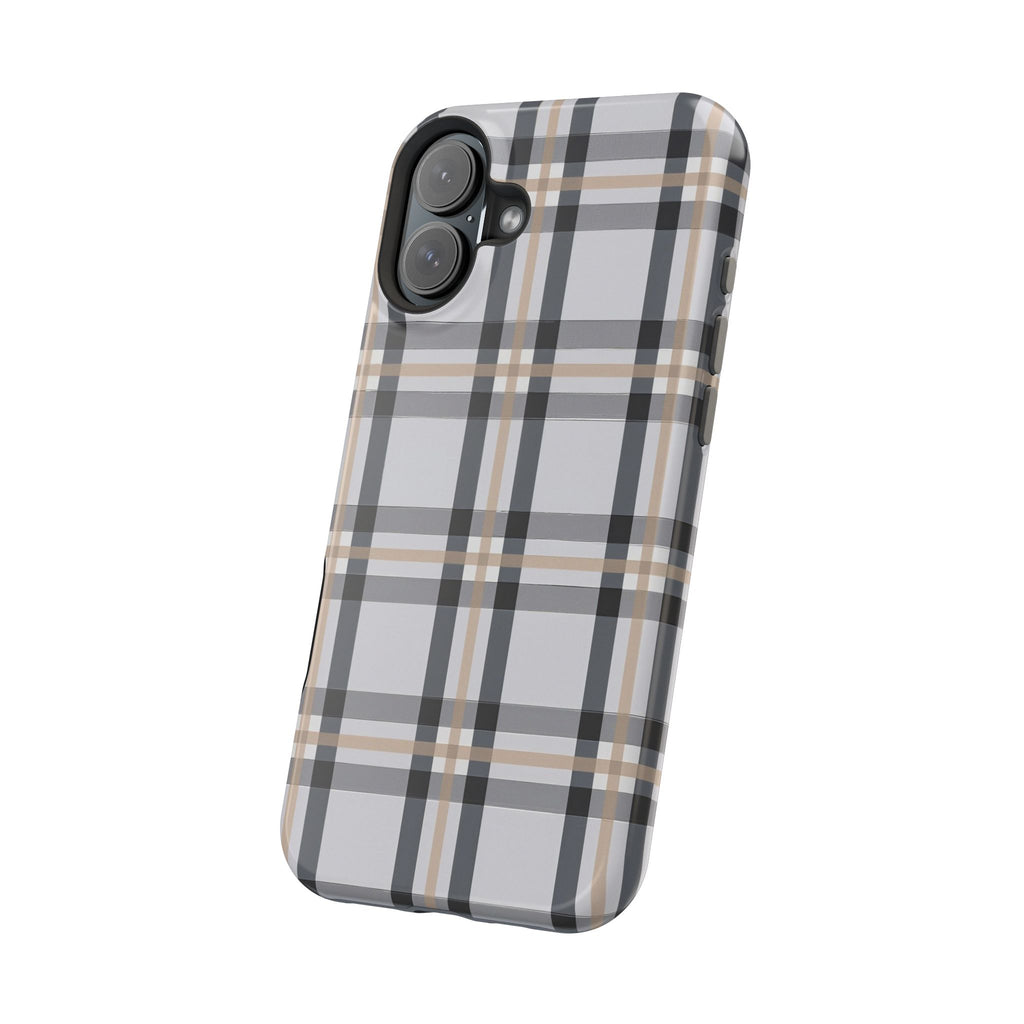 Plaid Magnetic Impact-Resistant Phone Case — Grey & Tan Classic Pattern
