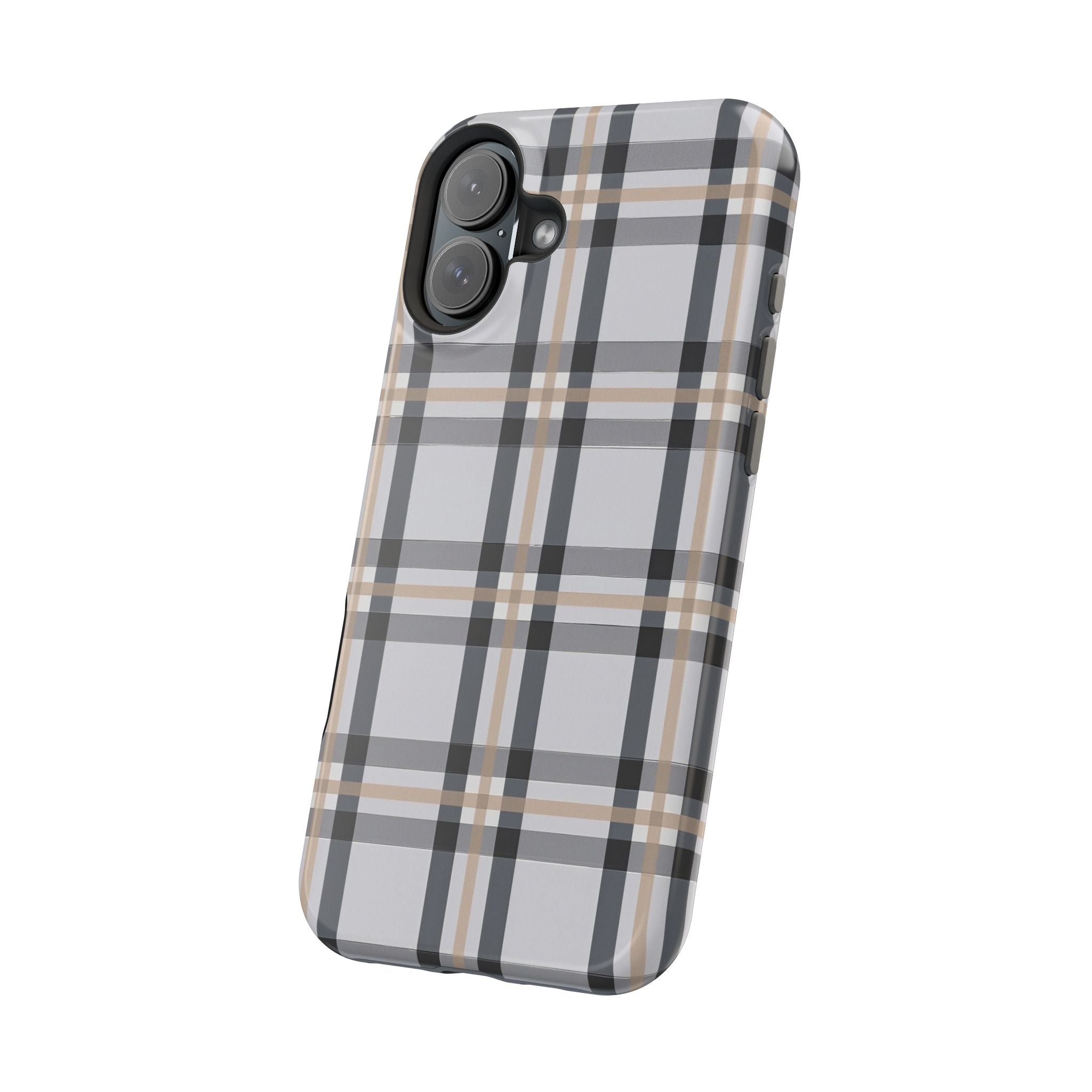 Plaid Magnetic Impact-Resistant Phone Case — Grey & Tan Classic Pattern
