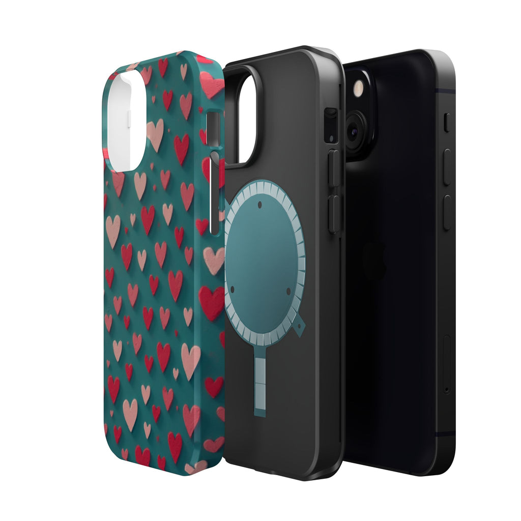 Magnetic Impact-Resistant Phone Case — Teal Love Hearts Pattern