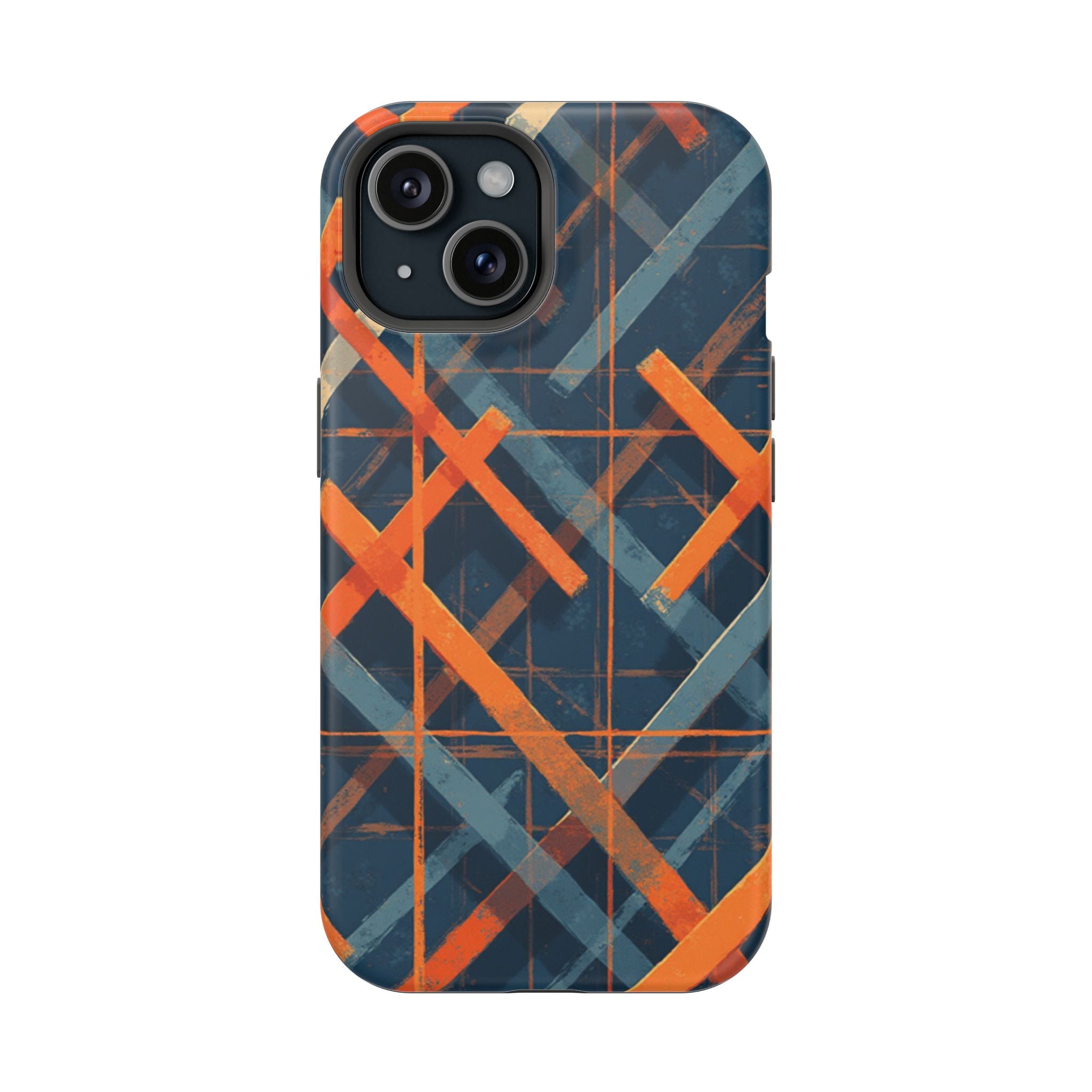 Magnetic Impact-Resistant Phone Case — Geometric Orange & Navy Plaid