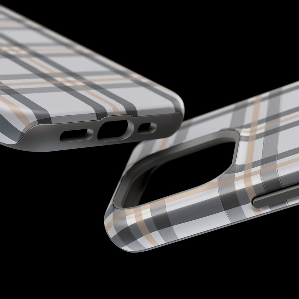 Plaid Magnetic Impact-Resistant Phone Case — Grey & Tan Classic Pattern